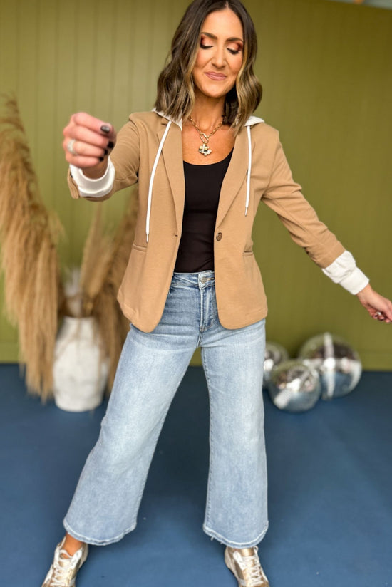 Risen Brown Terry Hooded Blazer, must have top, must have style, fall style, fall fashion, elevated style, elevated top, mom style, fall collection, fall dress, shop style your senses by mallory fitzsimmons