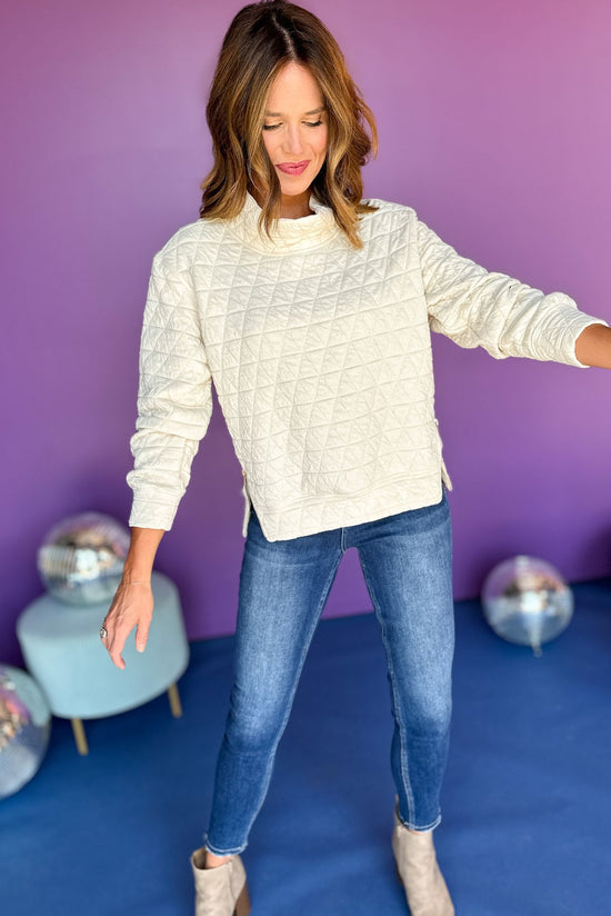 Load image into Gallery viewer, SSYS The Ava Top In Ivory, ssys the label, ssys pullover, must have pullover, must have style, must have fall, fall fashion, fall style, elevated style, elevated pullover, mom style, quilted style, shop style your senses by mallory fitzsimmons
