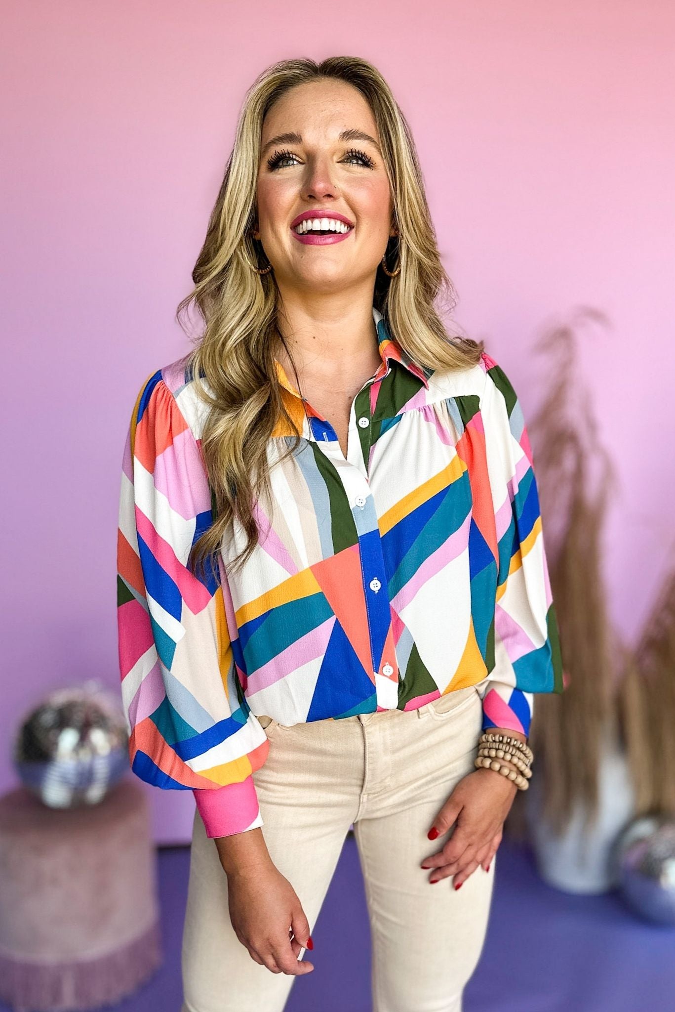 Pink Multi Geometric Printed Collared Button Front Top, geometric print top, button down top, multi colored top, mom style, elevated style, shop style your senses by mallory fitzsimmons