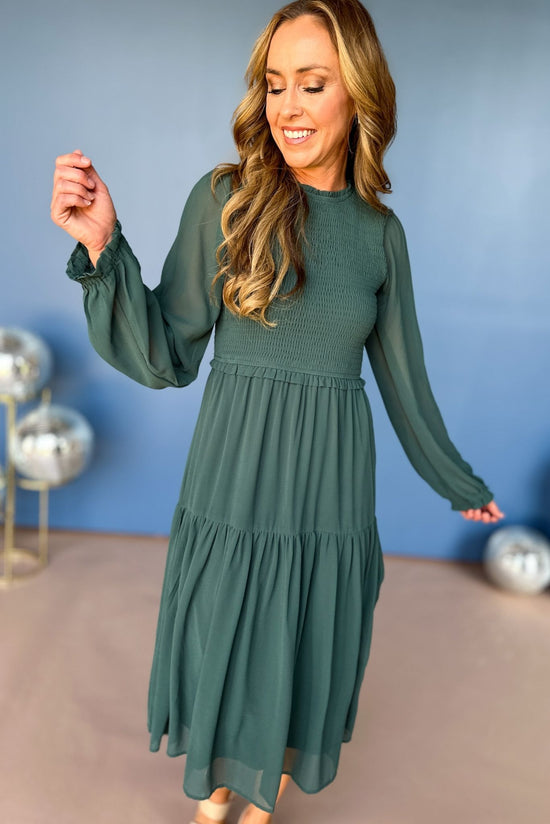 Load image into Gallery viewer, Teal Smocked Bodice Tiered Long Sleeve Midi Dress, must have dress, must have style, must have fall, fall style, fall dress, elevated style, chic style, mom style, shop style your senses by mallory fitzsimmons
