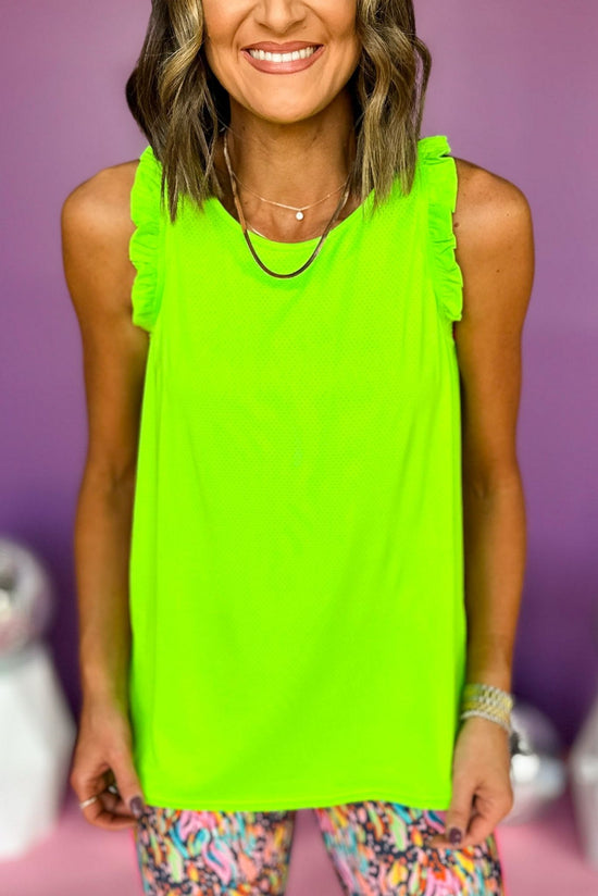 Load image into Gallery viewer, SSYS Neon Green Ruffle Racerback Active Tank Top, must have tank, elevated tank top, elevated activewear, must have athleisure, mom style, active style, elevated style, shop style your senses by mallory fitzsimmons
