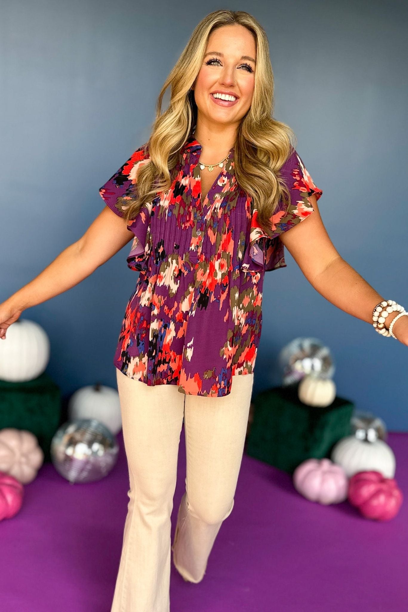 Purple Abstract Printed Split Neck Flutter Short Sleeve Top, elevated top, elevated style, must have top, must ahve style, must have print, printed top, fall style, fall fashion, mom style, fall family photos, shop style your senses by mallory fitzsimmons