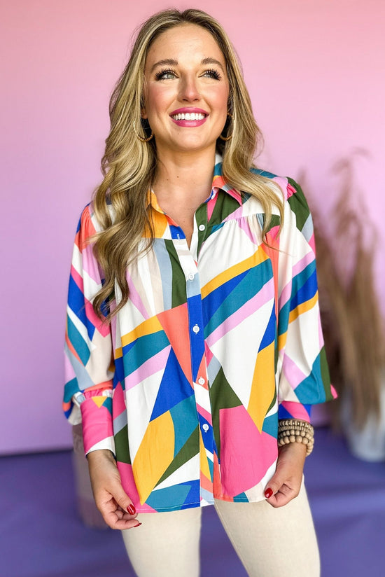 Pink Multi Geometric Printed Collared Button Front Top, geometric print top, button down top, multi colored top, mom style, elevated style, shop style your senses by mallory fitzsimmons