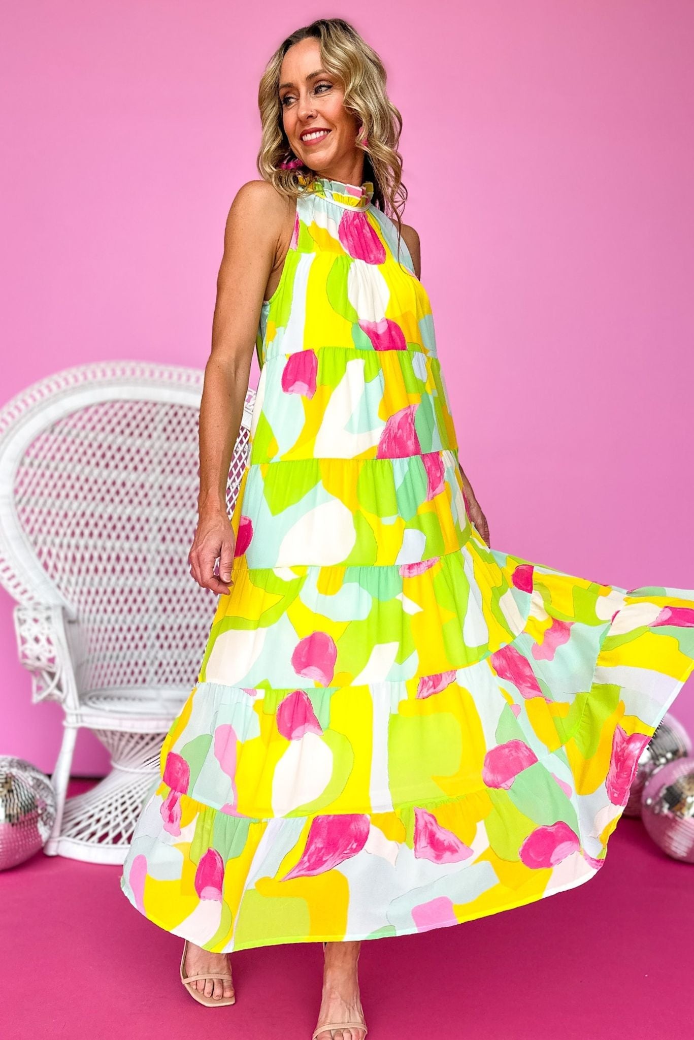 Load image into Gallery viewer, Chartreuse Abstract Printed Frilled Mock Neck Tiered Maxi Dress *FINAL SALE*
