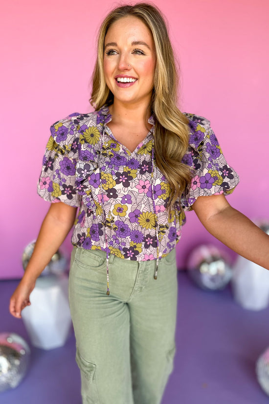 Purple Floral Printed Frilled Tie V Neck Ruffled Shoulder Top, floral top, summer to fall top, must have fall top, elevated style, mom style, shop style your senses by mallory fitzsimmons