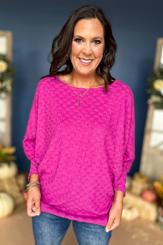 Load image into Gallery viewer, Magenta Textured Dolman Sleeve Top, must have top, must have style, must have fall, fall collection, fall fashion, elevated style, elevated top, mom style, fall style, shop style your senses by mallory fitzsimmons
