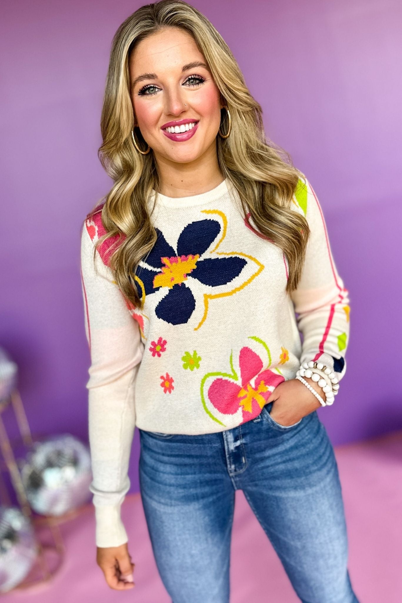 Load image into Gallery viewer,  THML Cream Floral Printed Long Sleeve Sweater, elevated style, elevated sweater, must habe swetaer, must have print, mom style, fun mom style, fun mom sweater, fall style, fall sweater, shop style your senses by mallory fitzsimmons
