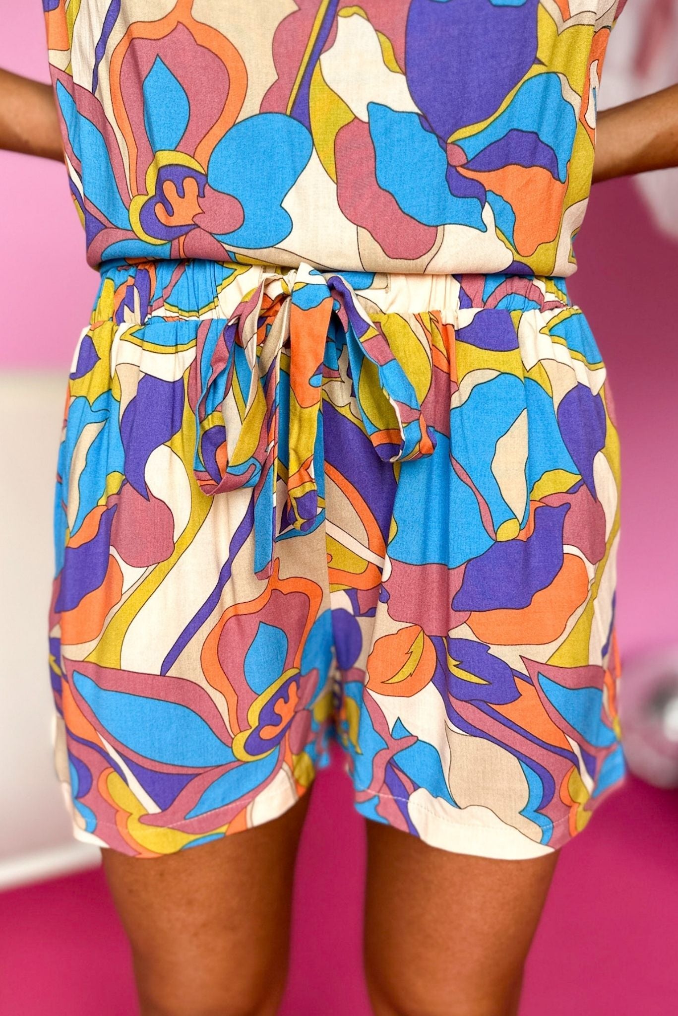 Load image into Gallery viewer, Blue Colorful Printed Waist Tie Shorts, elastic waist, two piece set, summer set, must have, shop style your senses by mallory fitzsimmons
