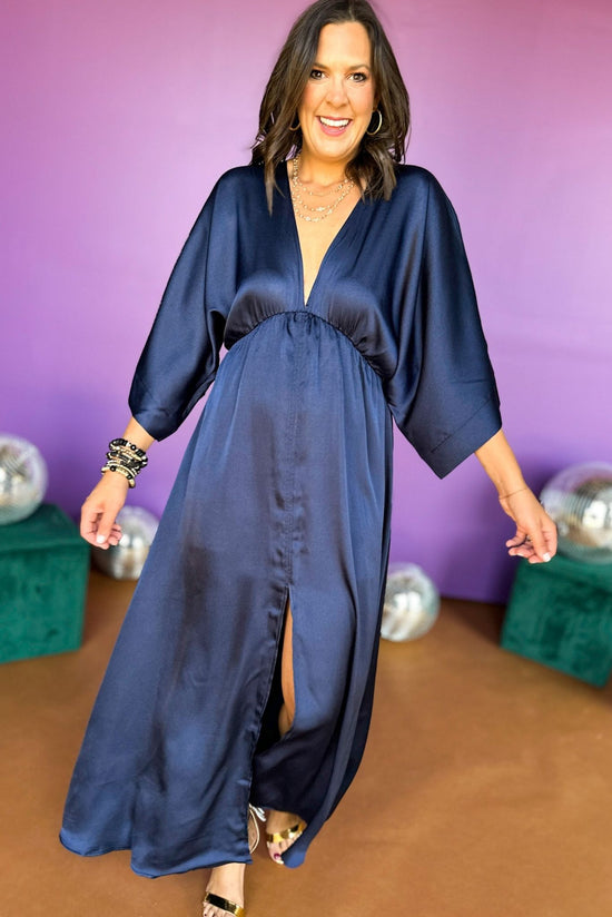 Load image into Gallery viewer, Navy Satin V Neck Kimono Sleeve Front Slit Maxi Dress, must have dress, must have style, wedding guest dress, wedding guest style, elevated style, chic style, mom style, shop style your senses by mallory fitzsimmons
