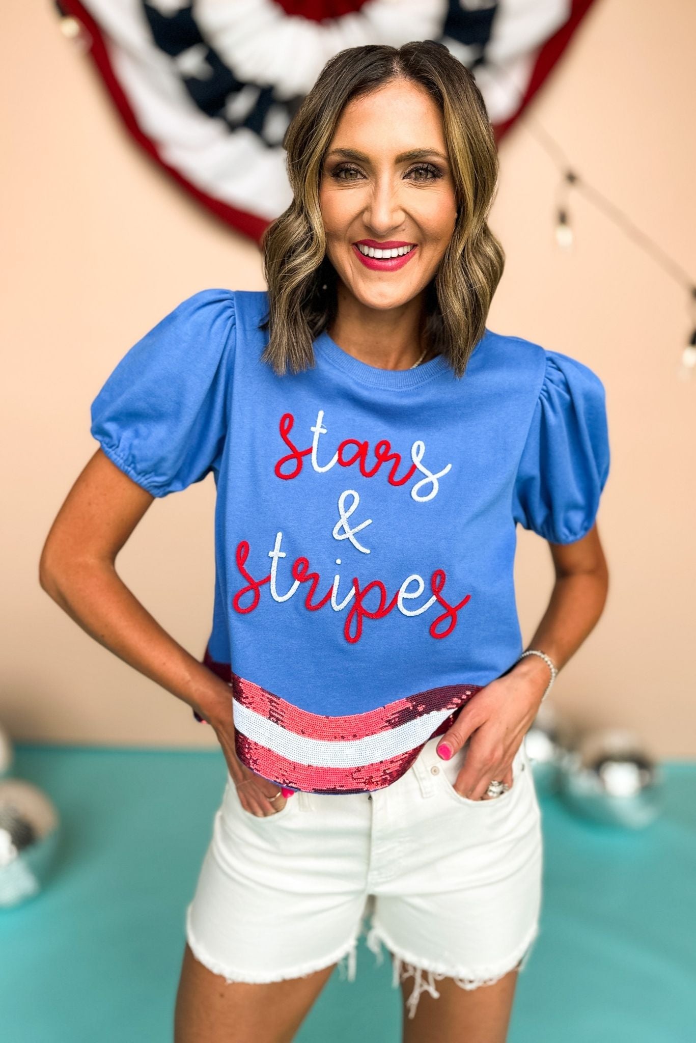 Blue Stars and Stripes Sequin Curved Hem Short Elastic Sleeve Top, Fourth of July Top, Summer Top, Curved Hem, Summer Style, Mom Style, Shop Style Your Senses by Mallory Fitzsimmons