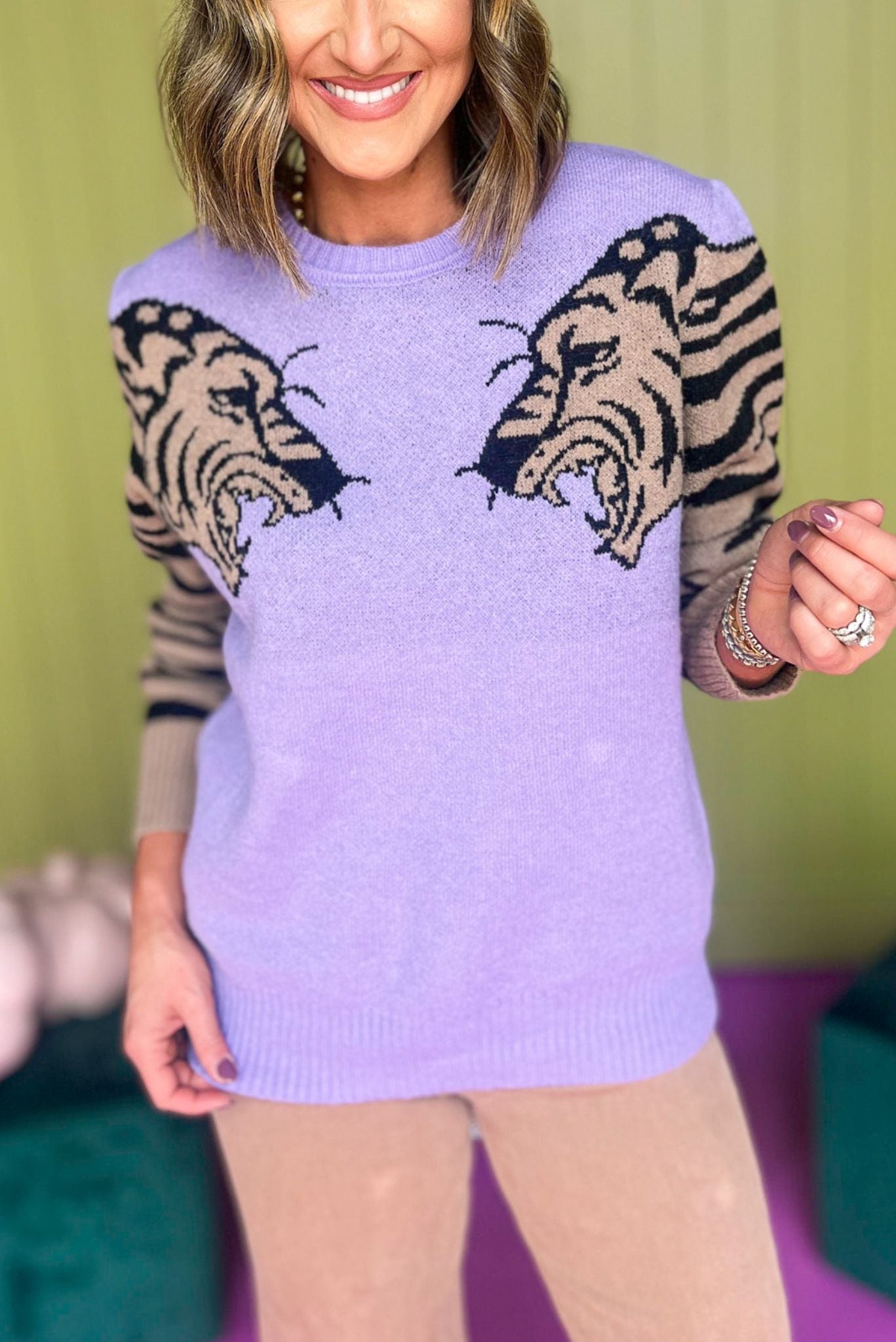 Purple Tiger Printed Long Sleeve Sweater, must have sweater, must have style, must have fall, fall collection, fall fashion, elevated style, elevated sweater, mom style, fall style, shop style your senses by mallory fitzsimmons