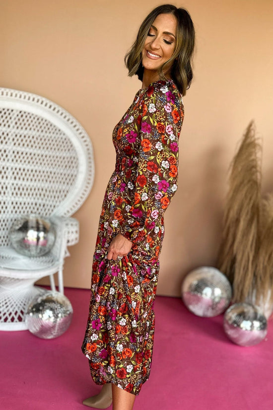 Load image into Gallery viewer, Brown Floral Printed V Neck Smocked Waist Long Sleeve Maxi Dress, elevated dress, elevated style, must have style, must have dress, must have print, fall print, fall dress, fall fashion, mom style, fall family photos, shop style your senses by mallory fitzsimmons
