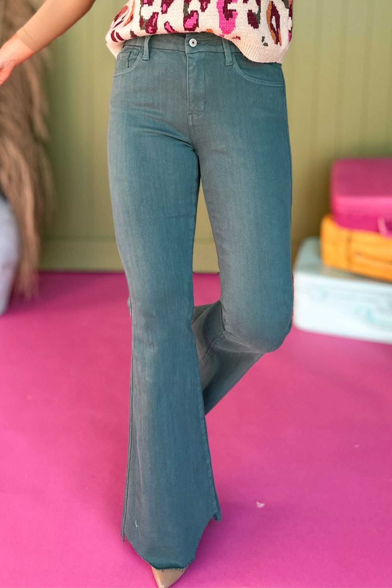 Load image into Gallery viewer, Vervet Green Washed High Rise Super Flare Raw Hem Jeans, must have jeans, must have style, fall jeans, fall fashion, affordable fashion, mom style, elevated style, shop style your senses by mallory fitzsimmons
