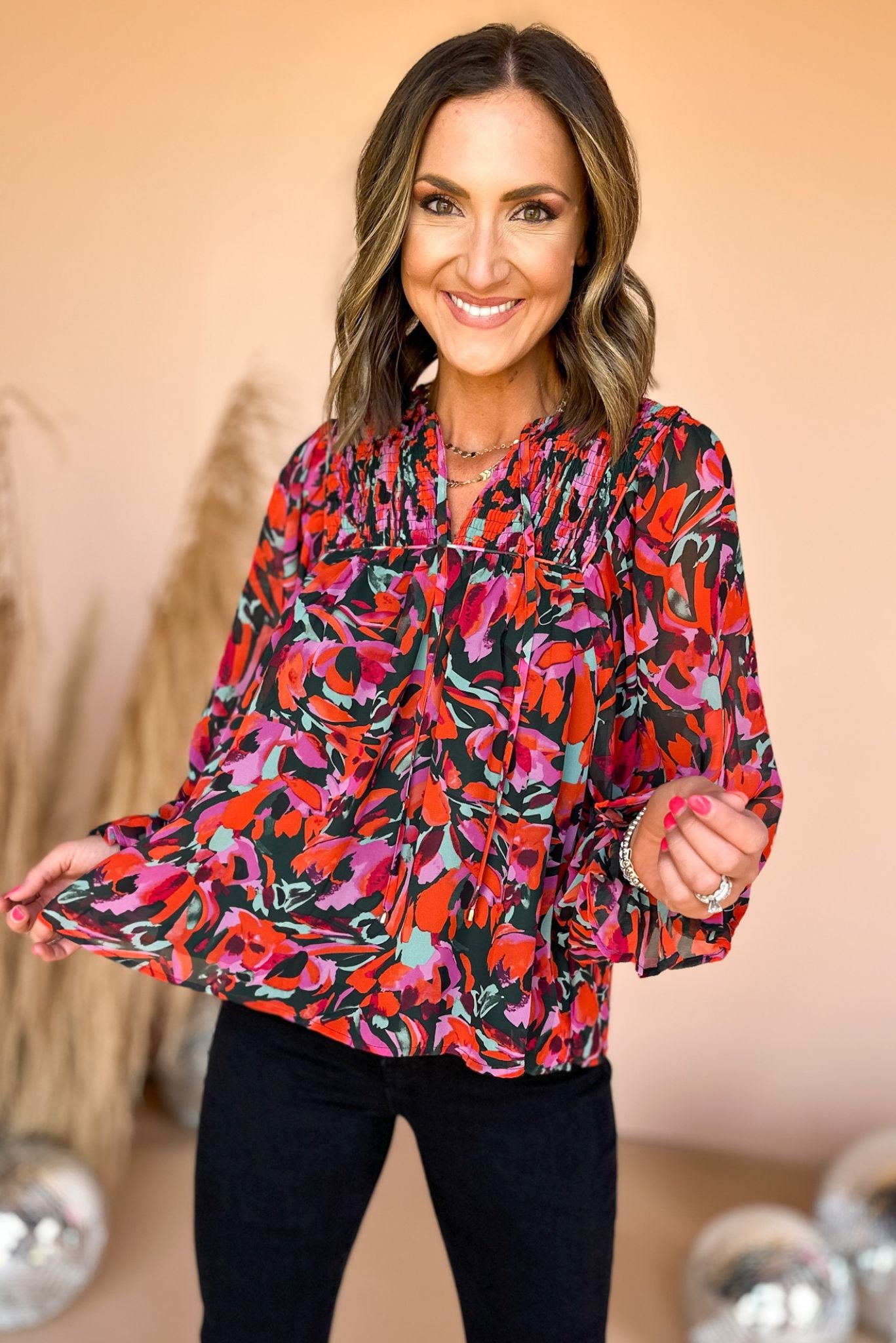 Load image into Gallery viewer, Green Floral Ruffle Detail Long Sleeve Top, floral top, fall top, transitional top, must have fall top, work to weekend, office top, elevated style, mom style, shop style your senses by mallory fitzsimmons
