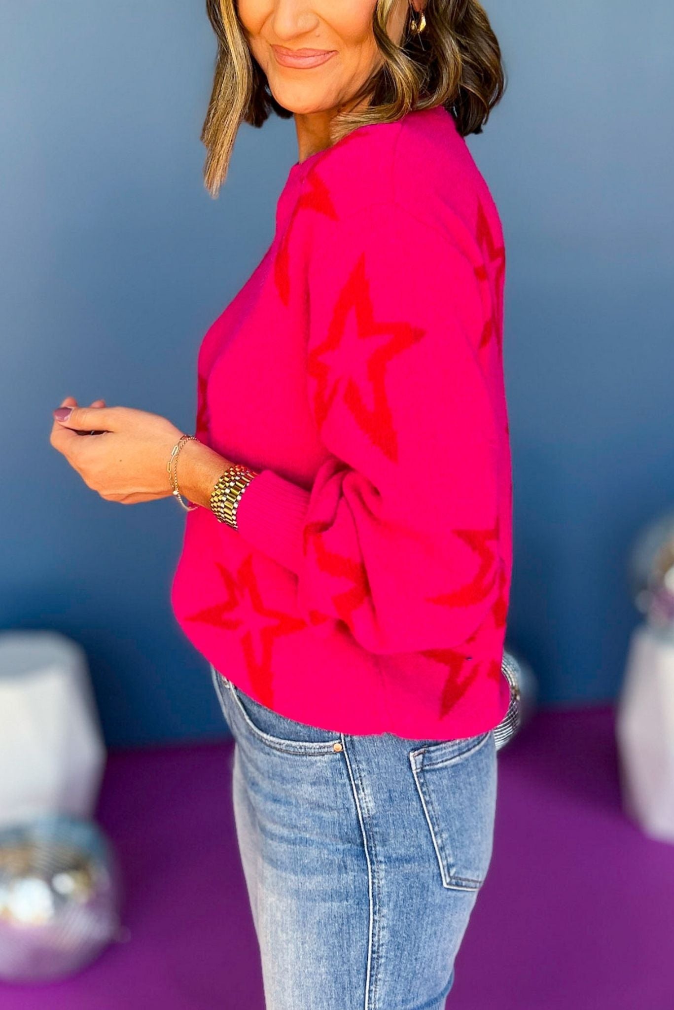 Load image into Gallery viewer, Hot Pink Star Printed Bubble Sleeve Sweater, elevated sweater, elevated stye, must have sweater, must have style, printed sweater, fall sweater, fall fashion, mom style, shop style your senses by mallory fitzsimmons
