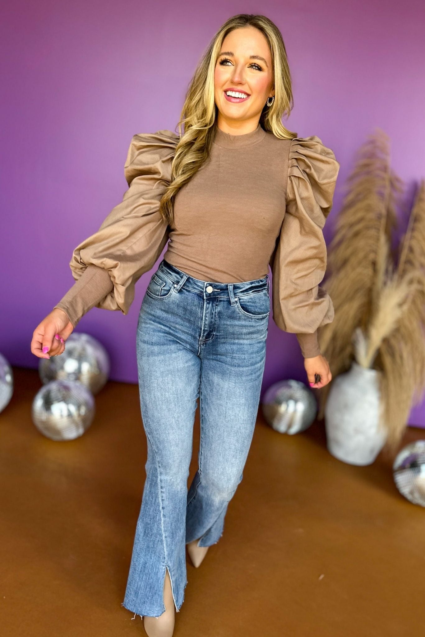 Mocha Long Puff Sleeve Top, elevated style, mom style, puff sleeve, must have sleeves, must have tp, must have fall, falls style, shop style your senses by mallory fitzsimmons