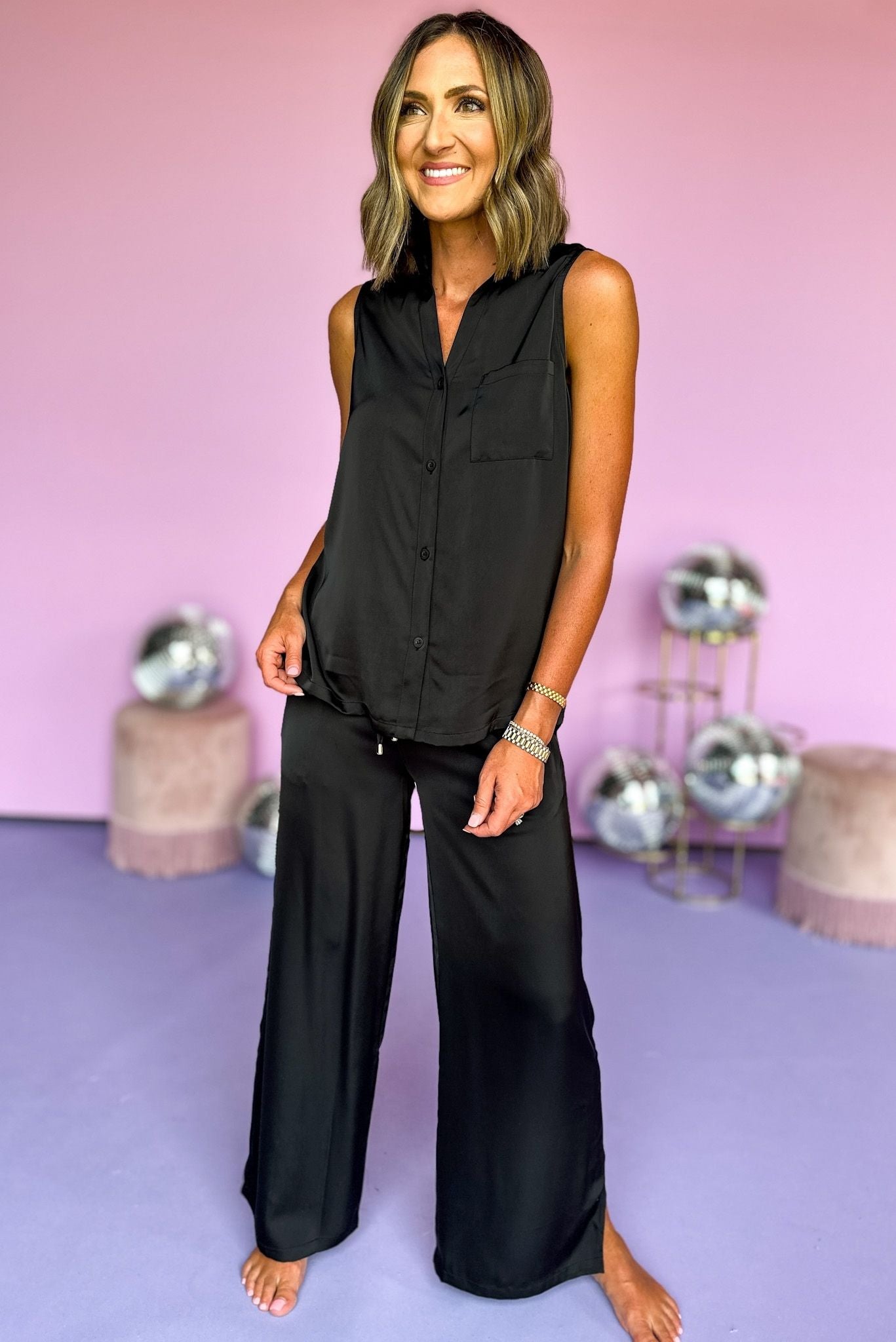 Load image into Gallery viewer, SSYS The Blakely Pajamas In Black, elevated style, comfortable style, chic sleepwear, shop style your senses by mallory fitzsimmons
