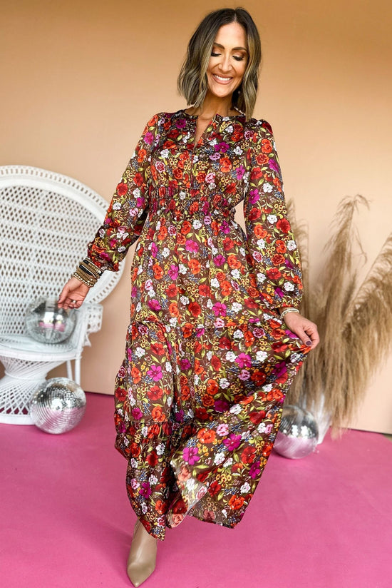 Load image into Gallery viewer,  Brown Floral Printed V Neck Smocked Waist Long Sleeve Maxi Dress, elevated dress, elevated style, must have style, must have dress, must have print, fall print, fall dress, fall fashion, mom style, fall family photos, shop style your senses by mallory fitzsimmons
