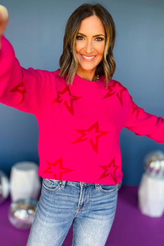 Load image into Gallery viewer, Hot Pink Star Printed Bubble Sleeve Sweater, elevated sweater, elevated stye, must have sweater, must have style, printed sweater, fall sweater, fall fashion, mom style, shop style your senses by mallory fitzsimmons
