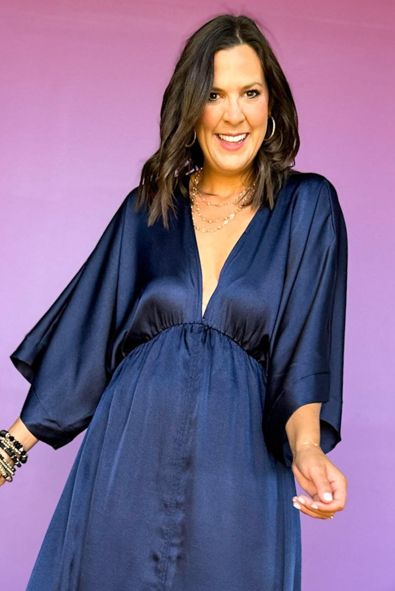 Load image into Gallery viewer, Navy Satin V Neck Kimono Sleeve Front Slit Maxi Dress, must have dress, must have style, wedding guest dress, wedding guest style, elevated style, chic style, mom style, shop style your senses by mallory fitzsimmons
