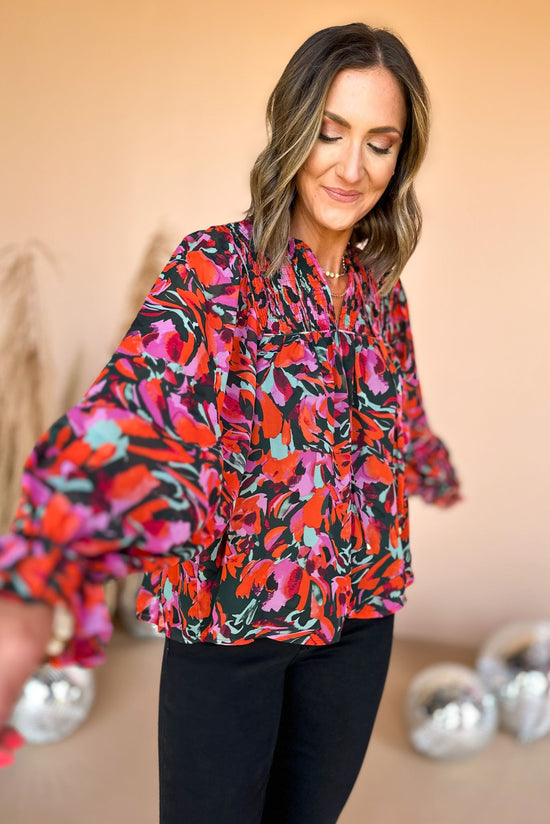 Load image into Gallery viewer, Green Floral Ruffle Detail Long Sleeve Top, floral top, fall top, transitional top, must have fall top, work to weekend, office top, elevated style, mom style, shop style your senses by mallory fitzsimmons

