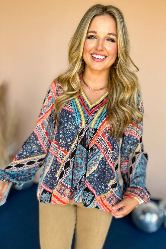 Black Patchwork Printed Lurex Split Neck Long Sleeve Top,  printed top, must have top, must hve print, must have fall, fall fashion, fall top, fall style, elevated style, elevated top, shop style your senses by mallory fitzsimmons