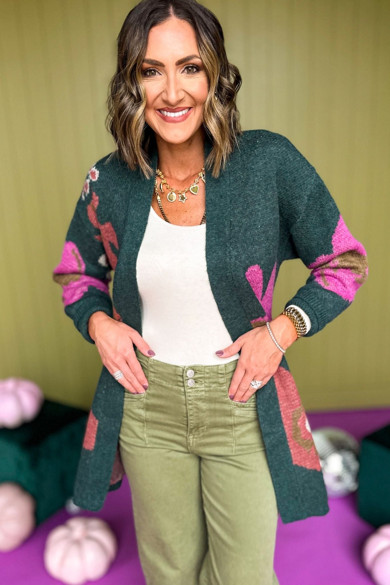 Hunter Green Floral Printed Open Front Cardigan, must have cardigan, must have style, must have fall, fall collection, fall fashion, elevated style, elevated cardigan, mom style, fall style, shop style your senses by mallory fitzsimmons