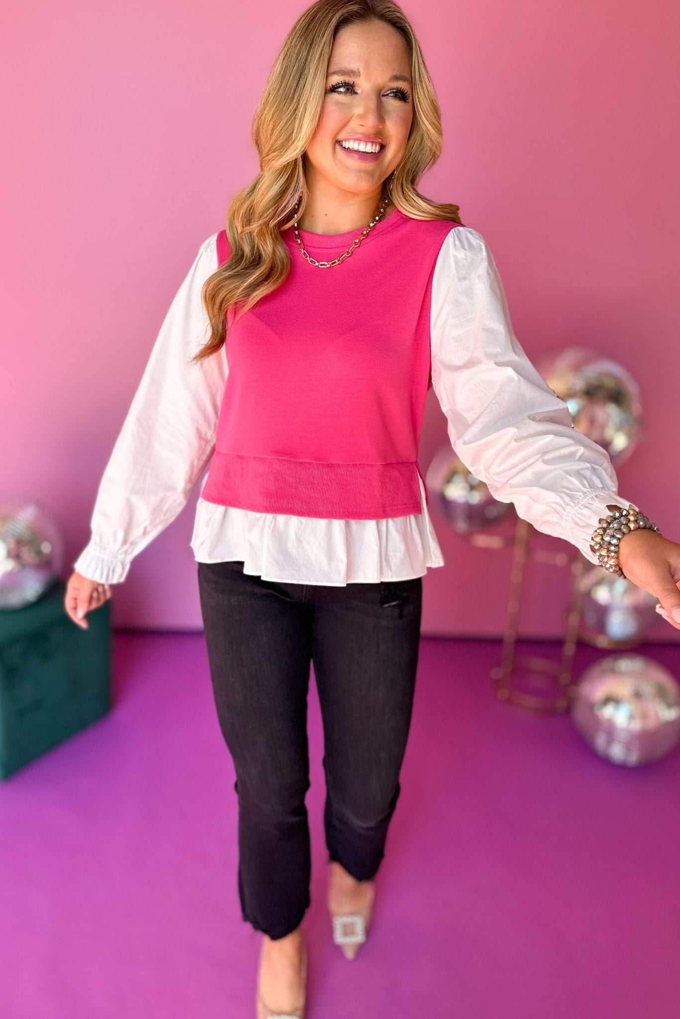 Pink Layered Vest Long Sleeve Top, must have top, must have style, must have fall, fall collection, fall fashion, elevated style, elevated top, mom style, fall style, shop style your senses by mallory fitzsimmons