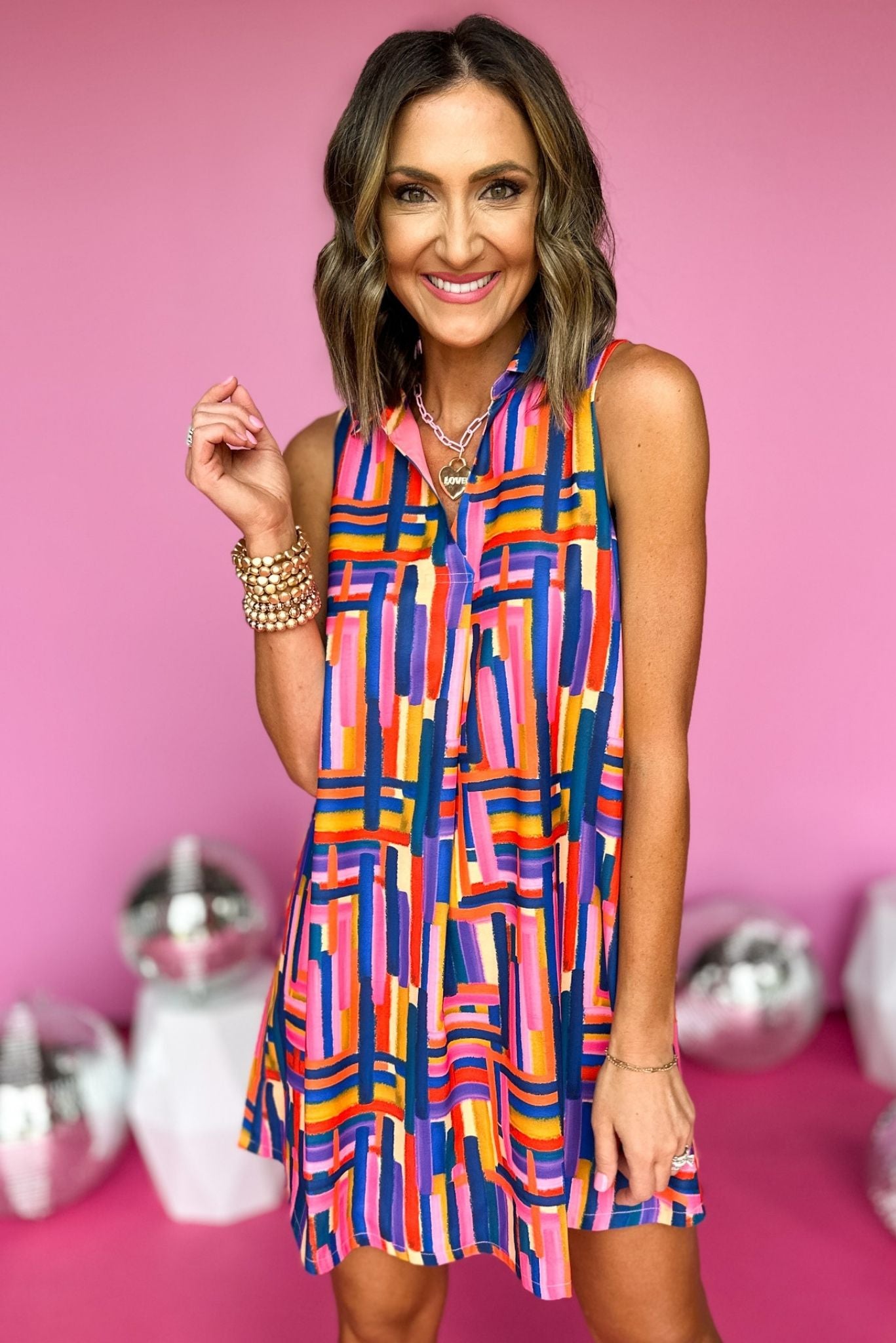 Load image into Gallery viewer, SSYS The Elise Dress Blue Geometric, printed dress, collar detail, crepe, summer style, easy fit, ssys, shop style your senses by mallory fitzsimmons

