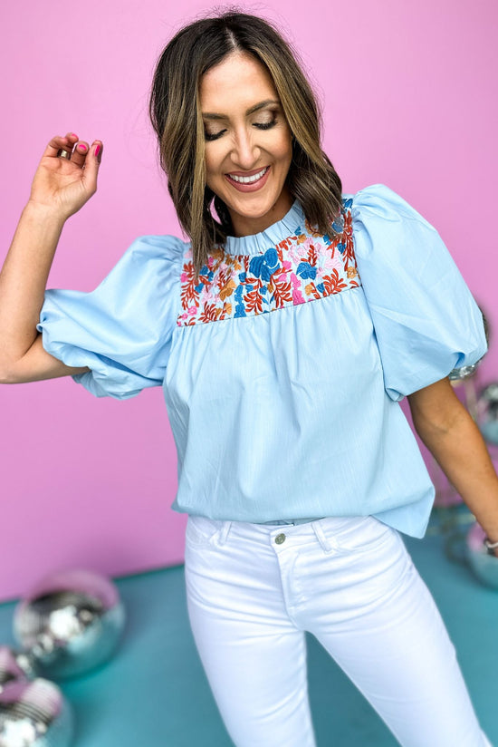 Load image into Gallery viewer, THML blue embroidered puff sleeve top, summer style, cute and casual, easy to wear, mom style, shop style your senses by mallory fitzsimmons
