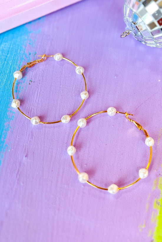 Load image into Gallery viewer, Gold Small Pearl Detail Hoop Earrings, hoop earring, summer earring, acrylic, must have, trendy, shop style your senses by mallory fitzsimmons
