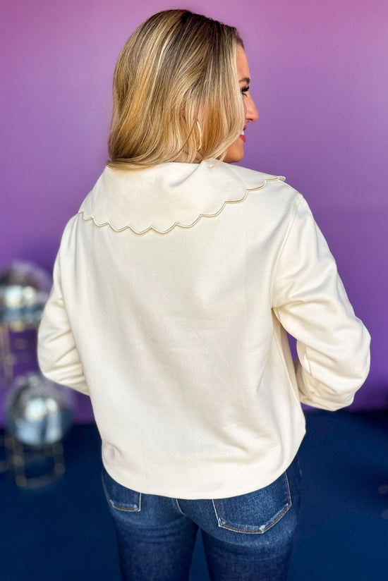 Load image into Gallery viewer, SSYS The Lucy Pullover In Ivory, elevated top, elevated style, must have top, must have style, must have fall, fall style, fall look, mom style, scallop detail, ssys the label, shop style your senses by mallory fitzsimmons
