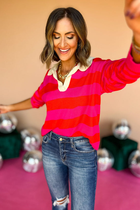 Hot Pink Striped Colorblock Long Sleeve Pullover, elevated pullover, elevated top, must have top, must have striped top, fall top, fall pullover, fall fashion, mom style, elevated style, fall style, shop style your senses by mallory fitzsimmons