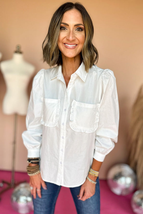 Load image into Gallery viewer, white frilled pocket button front top, fall staple, elevated basic, layering piece, work to weekend, easy to wear, shop style your senses by mallory fitzsimmons
