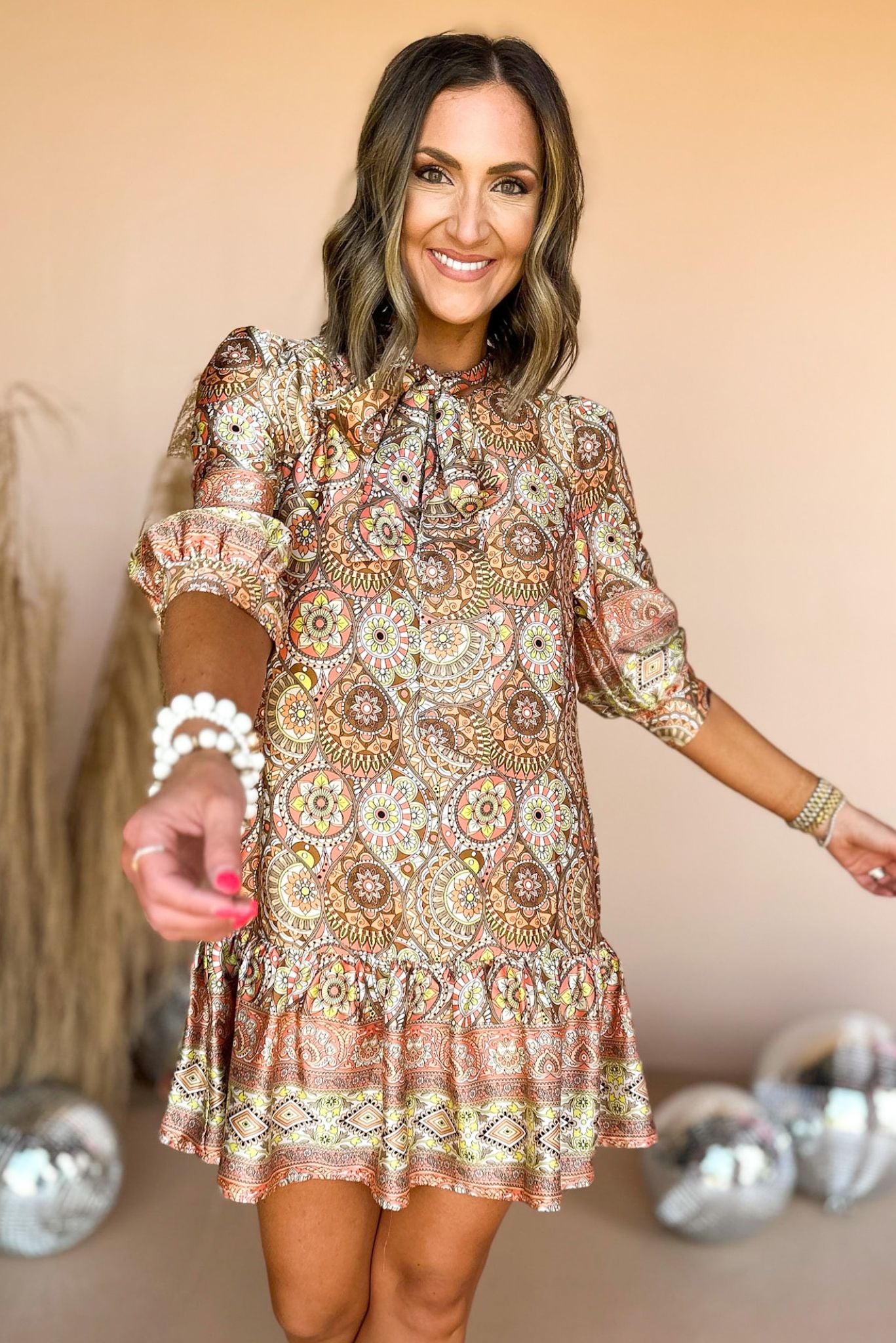 Brown Aztec Printed Collared Tie Neck Tiered Dress, printed dress, fall dress, transition piece, must have, fall piece, fall style, mom style, elevated style, shop style your senses by mallory fitzsimmons