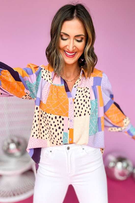 Lavender Patchwork Printed Button Down Top