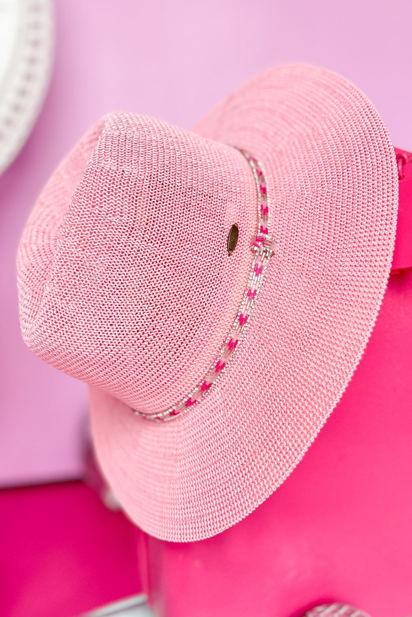 Pink Panama Rhinestone Bugle Bead Trim Hat