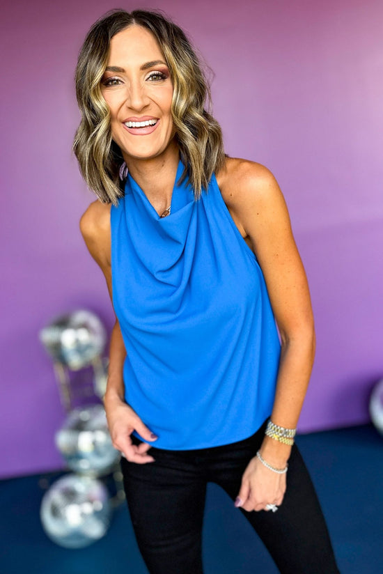 Load image into Gallery viewer, Royal Blue Drape Neck Sleeveless Top, elevated top, elevaed style, must have top, must have style, fall top, mom style, fall fashion, date night top, date night style, night out top shop style your senses by mallory fitzsimmons
