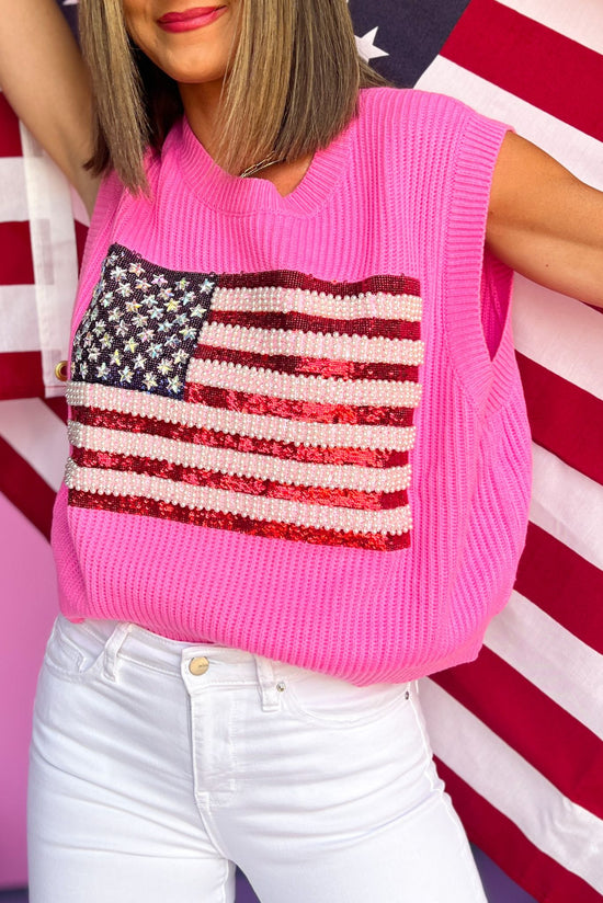 Queen Of Sparkles Pink American Flag Sweater Tank, sequin, sweater vest, queen of sparkles, pearl detail, fourth of july, shop style your senses by mallory fitzsimmons