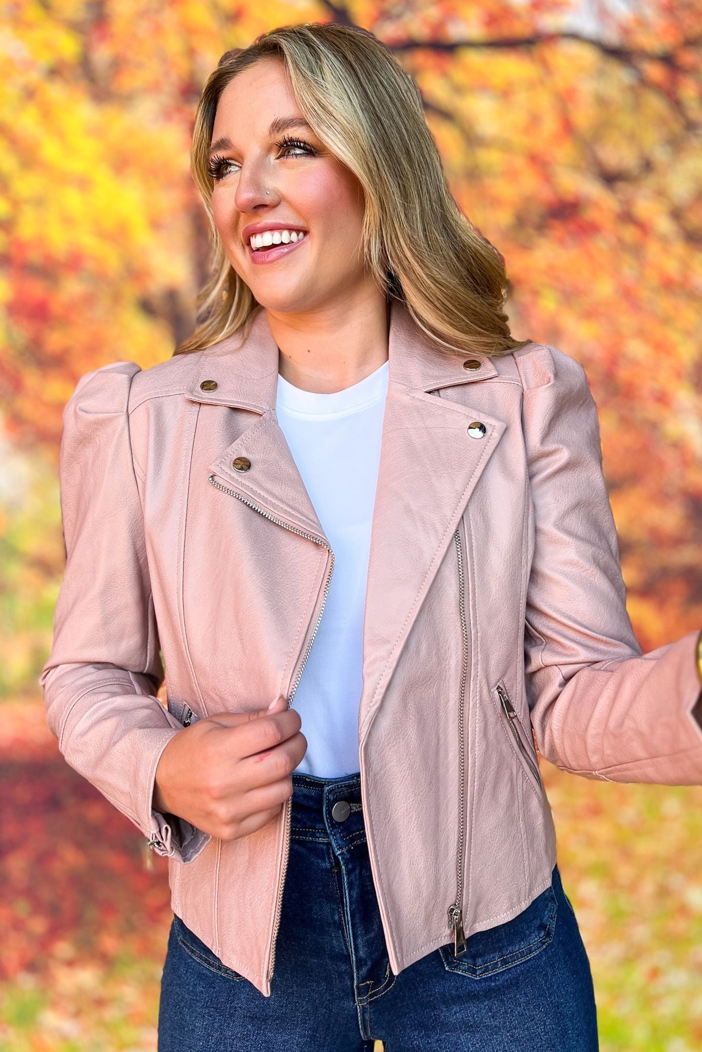 Pink Puff Sleeve Faux Leather Biker Jacket
