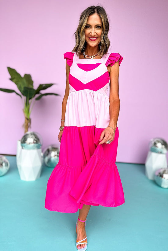 Load image into Gallery viewer,  Pink Colorblock Square Neck Ruffle Sleeve Tiered Midi Dress, Midi Dress, Tiered Dress, Neon Nights, Summer Dress, Summer Style, Mom Style, Shop Style Your Senses by Mallory Fitzsimmons
