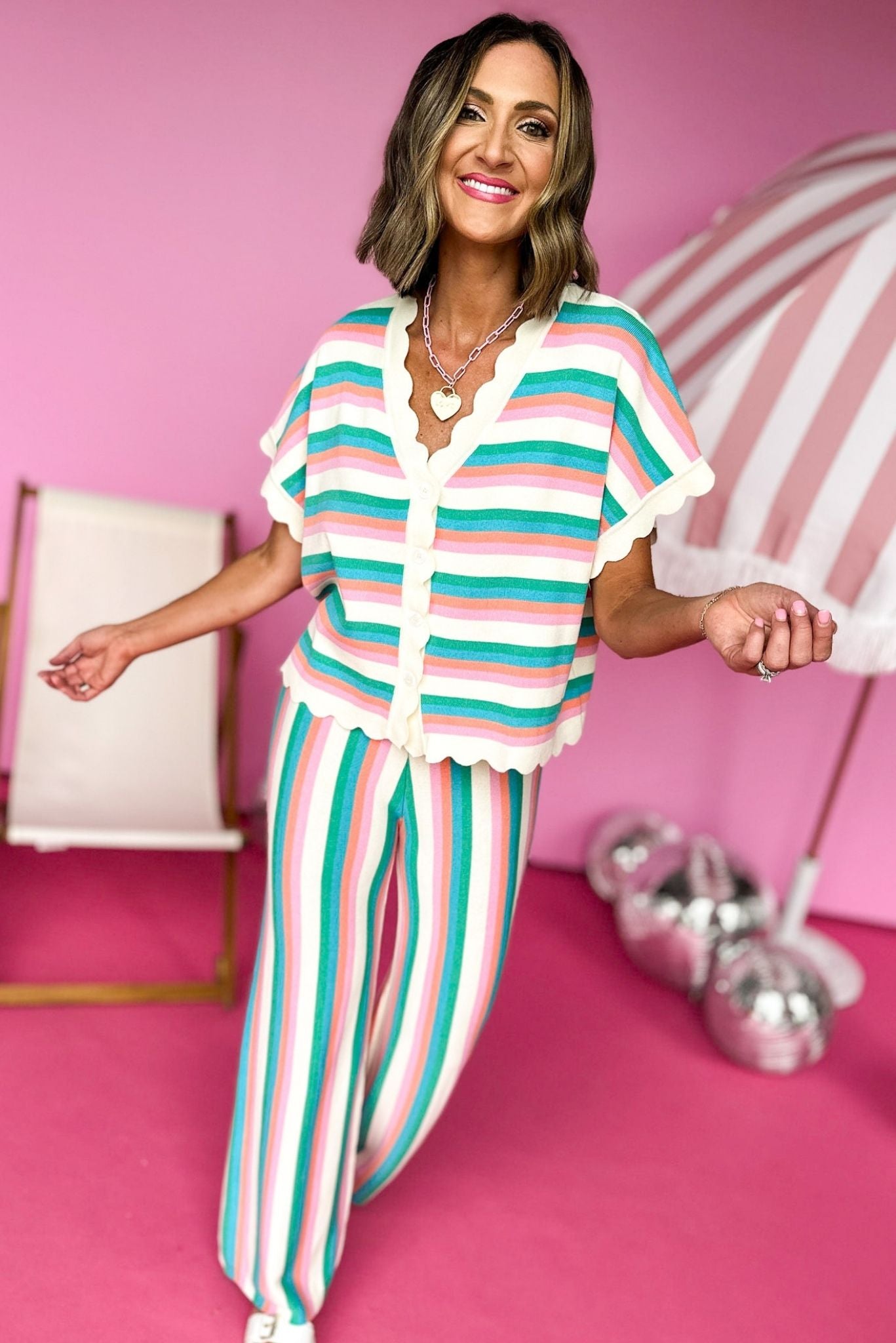 Load image into Gallery viewer, Green Multi Striped Printed High Rise Wide Leg Pants, scallop trim, matching set, knit set, summer set, summer style, must have, shop style your senses by mallory fitzsimmons
