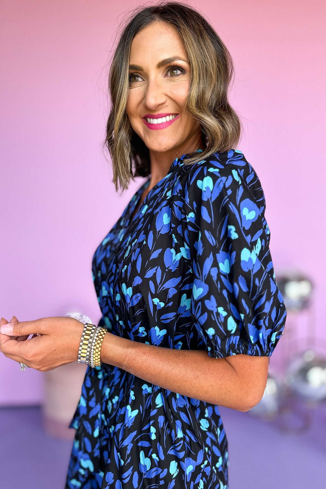 Black Blue Floral Printed Frill Neck Tie Waist Short Sleeve Midi Dress, midi dress, elevated style, shop style your senses by mallory fitzsimmons