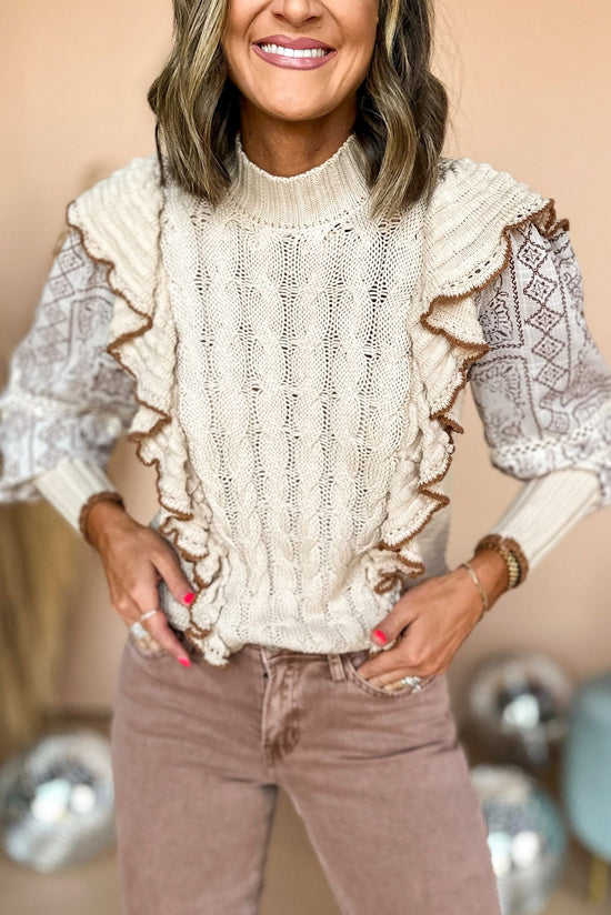Taupe Ruffle Front Lace Detail Sweater Top, fall top, sweater top, must have fall, must have top, fall style, mom style, elevated style, lace detail top, shop style your senses by mallory fitzsimmons