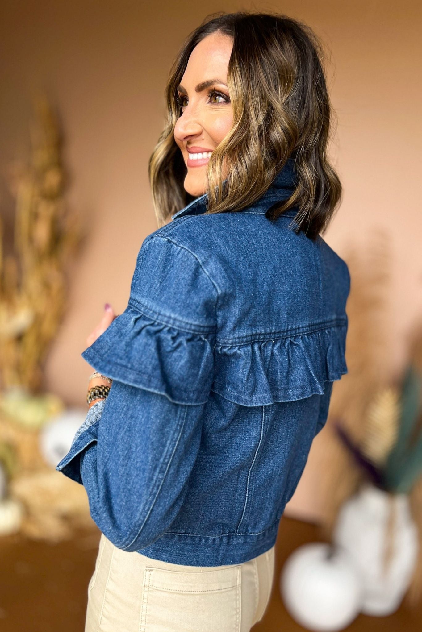 Blue Medium Wash Ruffle Button Front Denim Jacket, must have jacket, must have style, fall style, fall fashion, denim jcket, elevated style, fall collection, shop style your senses by mallory fitzsimmons