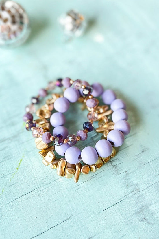Load image into Gallery viewer,  Purple Wood Ball Abstract Metal Faceted Beaded Stretch Bracelets, Accessory, Bracelet, Shop Style Your Senses by Mallory Fitzsimmons
