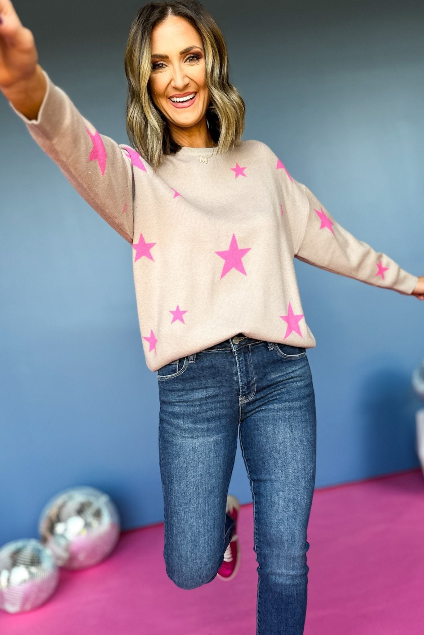 Load image into Gallery viewer, Pink Star Pattern Round Neck Sweater, elevated style, elevated sweater, must have sweater, must ahve print, fun mom style, fun mom sweater, fall style, fall sweater, shop style your senses by mallory fitzsimmons
