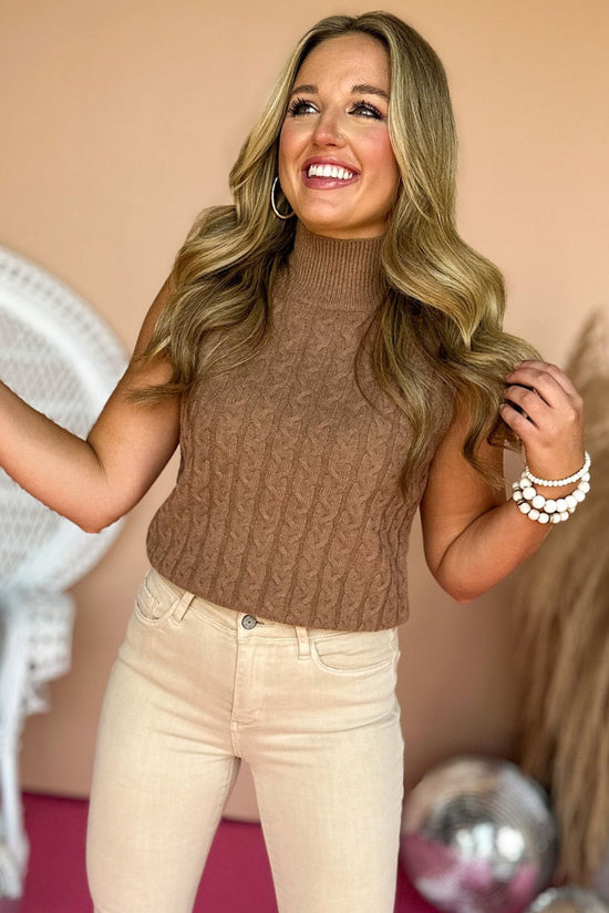  Camel Cable Knit Turtleneck Sleeveless Sweater Vest, elevated style, elevated sweater, sweater vest, must have style, must have sweater vest, fall fashion, fall top, fall family photos, mom style, shop style your senses by mallory fitzsimmons