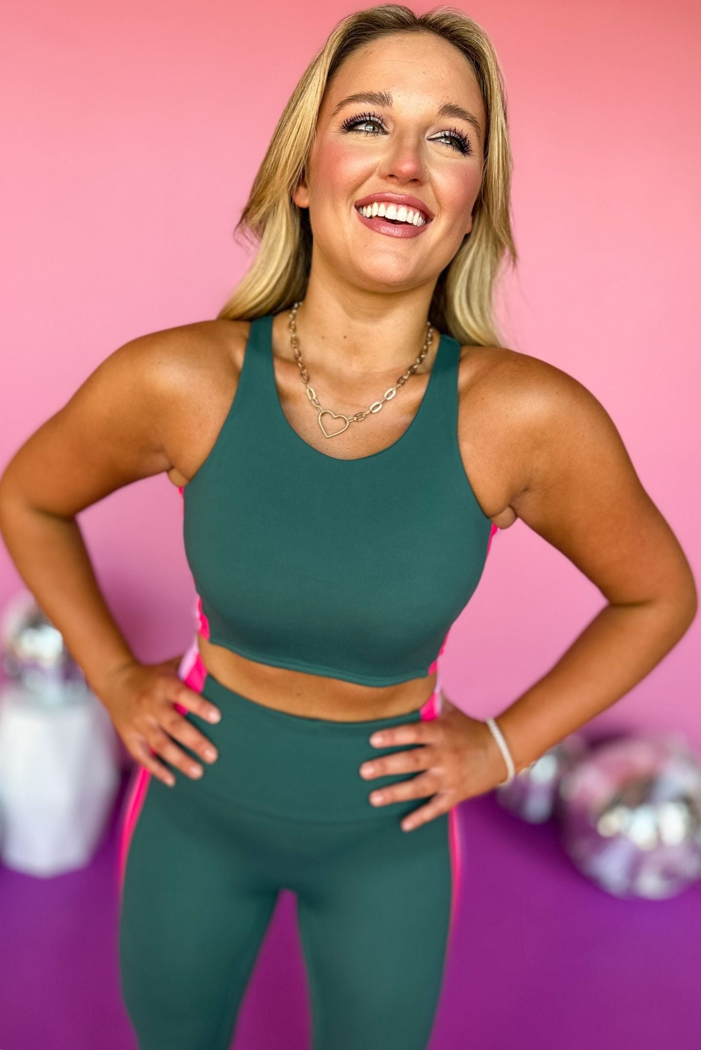 Load image into Gallery viewer, SSYS Olive and Pink Inset Stripe Hunter Green Sports Bra, elevated style, elevated sports bra, must have sports bra, must have style, must have stripes, fall athleisure, mom style, athletic style, SSYS the label, SSYS athleisure, shop style your senses by mallory fitzsimmons
