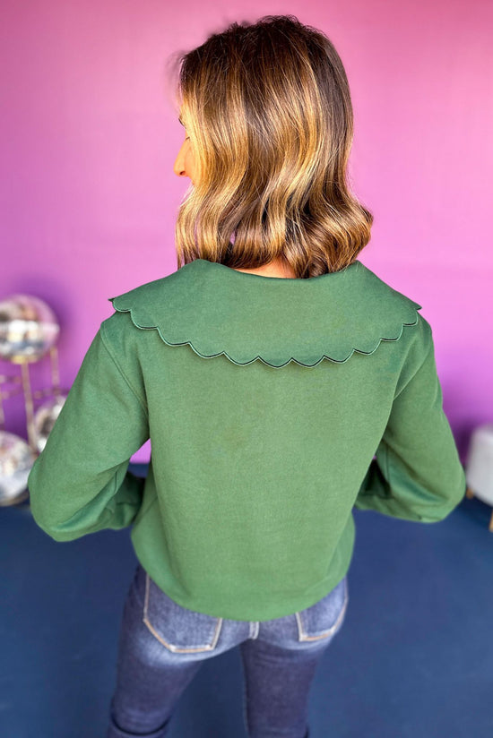 Load image into Gallery viewer, SSYS The Lucy Pullover In Hunter Green, must have top, must have style, must have fall, elevated style, elevated top, mom style, fall style, fall top, scallop detail, ssys the label, shop style your senses by mallory fitzsimmons
